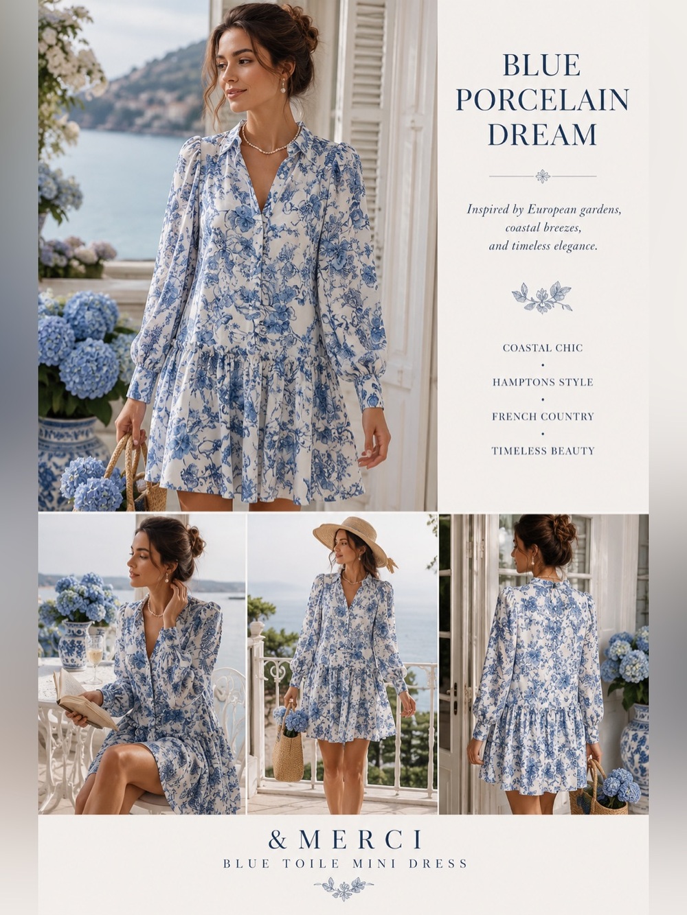 &merci Blue Toile Floral Ruffle Hem Mini Dress Medium